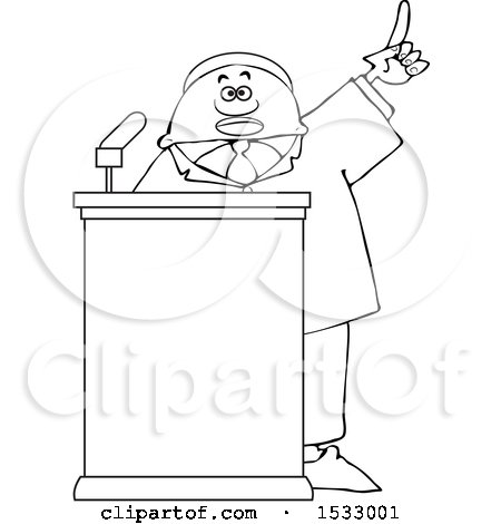Clipart of a Lineart Black Male Politician Holding up a Finger at a Podium - Royalty Free Vector Illustration by djart