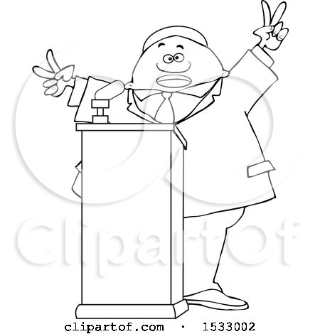 Clipart of a Lineart Black Male Politician Gesturing Peace or Victor at a Podium - Royalty Free Vector Illustration by djart