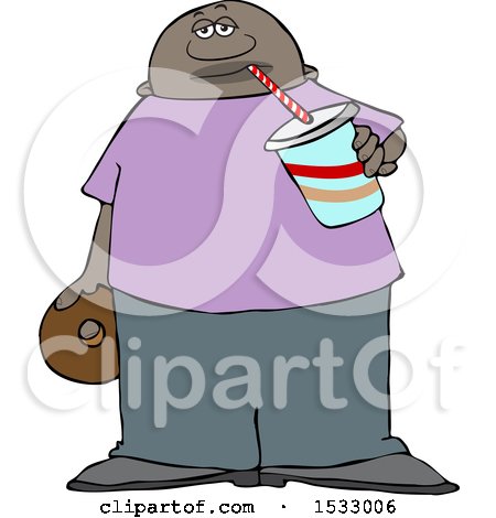 Clipart of a Black Man Sipping a Fountain Soda and Holding a Donut - Royalty Free Vector Illustration by djart