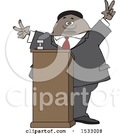 Clipart of a Black Male Politician Gesturing Peace or Victor at a Podium - Royalty Free Vector Illustration by djart