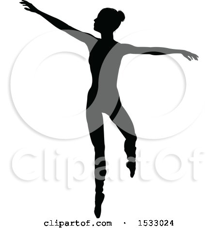 Clipart of a Black Silhouetted Ballerina Dancing - Royalty Free Vector Illustration by AtStockIllustration