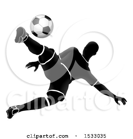 Clipart of a Silhouetted Male Soccer Player Jumping and Kicking - Royalty Free Vector Illustration by AtStockIllustration