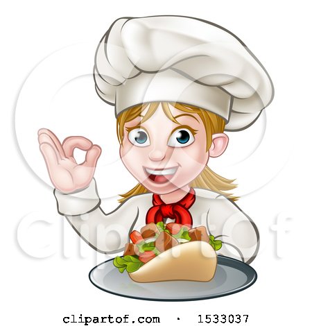 Clipart of a Female Chef Holding a Kebab on a Tray and Gesturing Perfect - Royalty Free Vector Illustration by AtStockIllustration