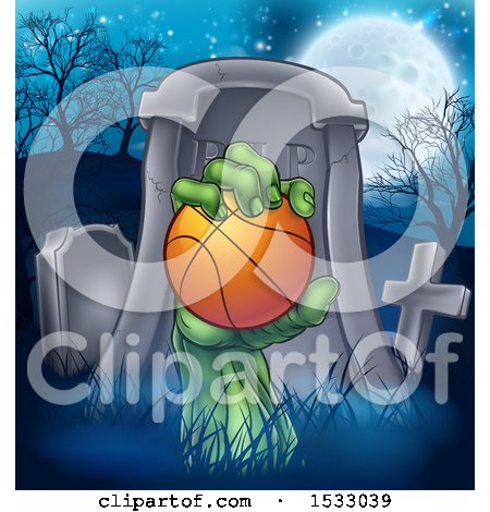 Clipart of a Rising Zombie Hand Holding a Basketball in a Cemetery - Royalty Free Vector Illustration by AtStockIllustration