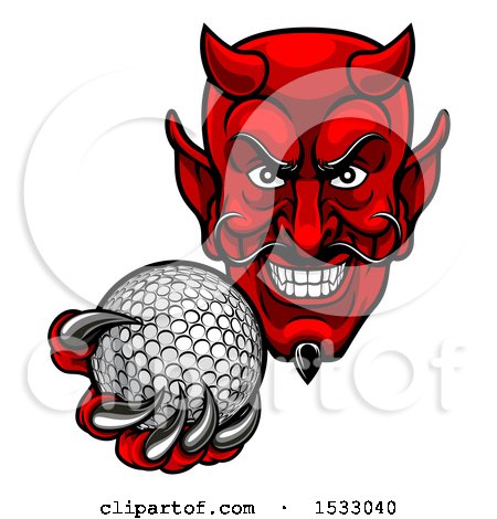 Clipart of a Grinning Evil Red Devil Holding out a Golf Ball in a Clawed Hand - Royalty Free Vector Illustration by AtStockIllustration