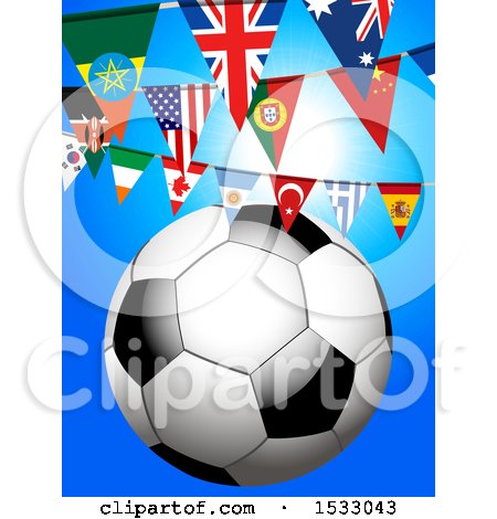 Clipart of a 3d Soccer Ball Under World Flag Buntings on Blue - Royalty Free Vector Illustration by elaineitalia