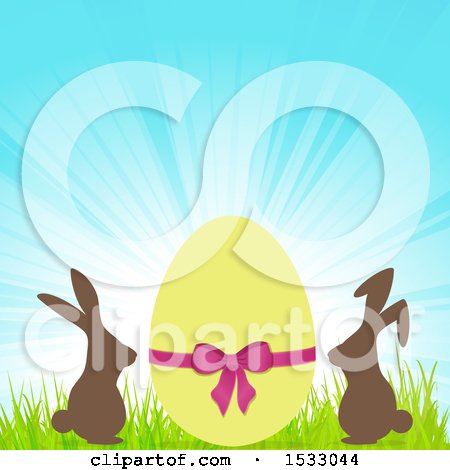 Clipart of a Yellow Easter Egg with Chocolate Bunnies Against a Sunrise - Royalty Free Vector Illustration by elaineitalia