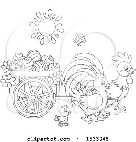 Clipart of a Black and White Family of Chickens with a Cart of Easter Eggs - Royalty Free Vector Illustration by Alex Bannykh
