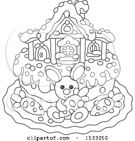 Clipart of a Black and White Easter Cake with a Bunny, House and Carrots - Royalty Free Vector Illustration by Alex Bannykh