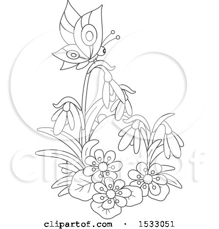 Clipart of a Black and White Easter Egg with Spring Flowers and a Butterfly - Royalty Free Vector Illustration by Alex Bannykh