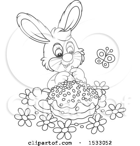 Clipart of a Black and White Bunny Rabbit with an Easter Cake - Royalty Free Vector Illustration by Alex Bannykh