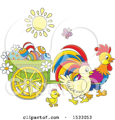 Clipart of a Family of Chickens with a Cart of Easter Eggs - Royalty Free Vector Illustration by Alex Bannykh