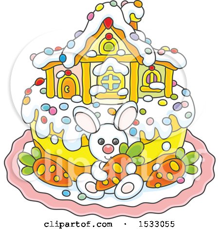 Clipart of a Cute Easter Cake with a Bunny, House and Carrots - Royalty Free Vector Illustration by Alex Bannykh