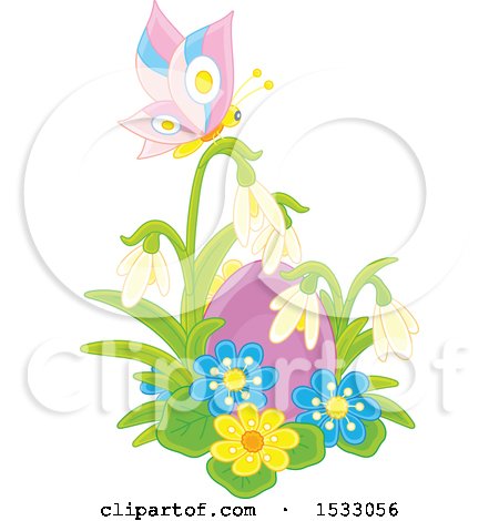 Clipart of a Purple Easter Egg with Flowers and a Butterfly - Royalty Free Vector Illustration by Alex Bannykh