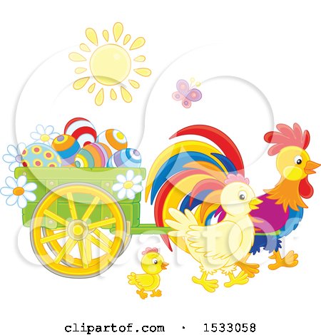 Clipart of a Sun Shining on Chickens with a Cart of Easter Eggs - Royalty Free Vector Illustration by Alex Bannykh