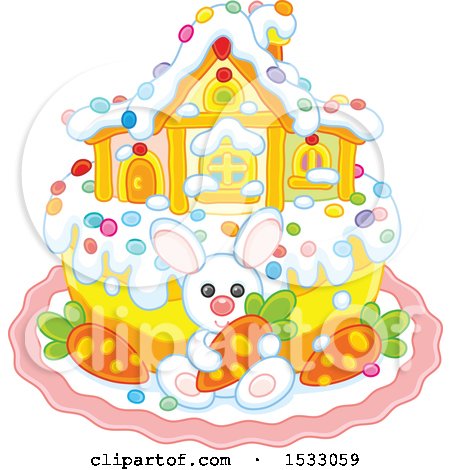 Clipart of a Cute Easter Cake with a White Rabbit, House and Carrots - Royalty Free Vector Illustration by Alex Bannykh