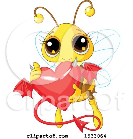 Clipart of a Cute Bee Flying and Holding a Devil Heart - Royalty Free Vector Illustration by Pushkin