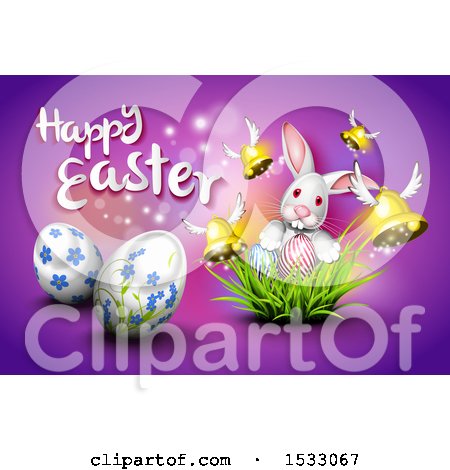 Clipart of a Happy Easter Greeting with a Bunny Rabbit, Eggs, Grass and Flying Bells on Purple - Royalty Free Vector Illustration by Oligo
