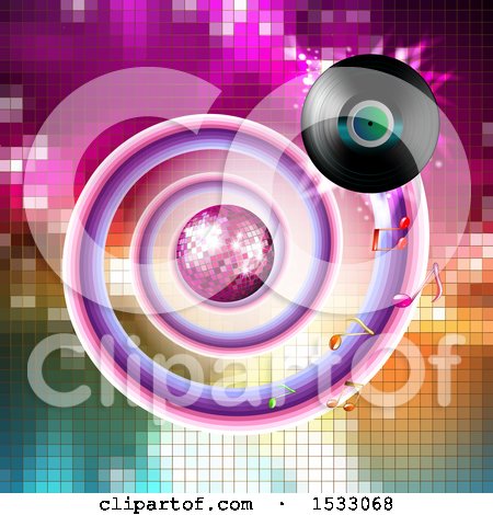 Clipart of a Vinyl Record Spiraling Around a Disco Ball on Mosaic - Royalty Free Vector Illustration by merlinul