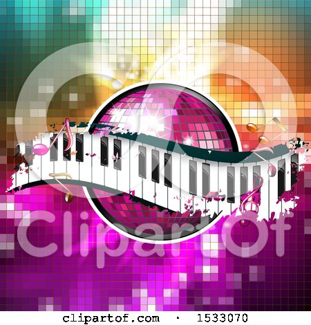 Clipart of a Pink Disco Ball and Music Keyboard Wave with Notes on Mosaic - Royalty Free Vector Illustration by merlinul
