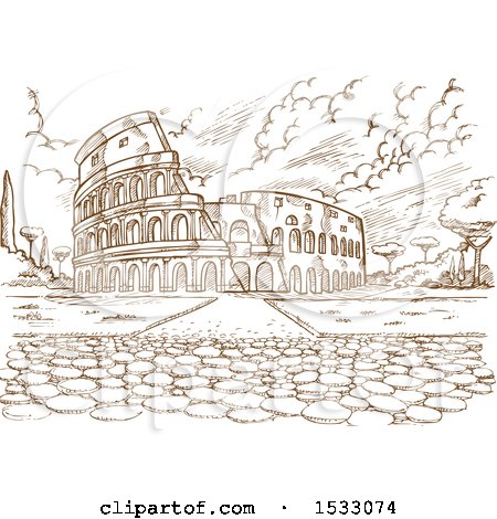 Clipart of a Brown Sketched Scene of the Colosseum - Royalty Free Vector Illustration by Domenico Condello