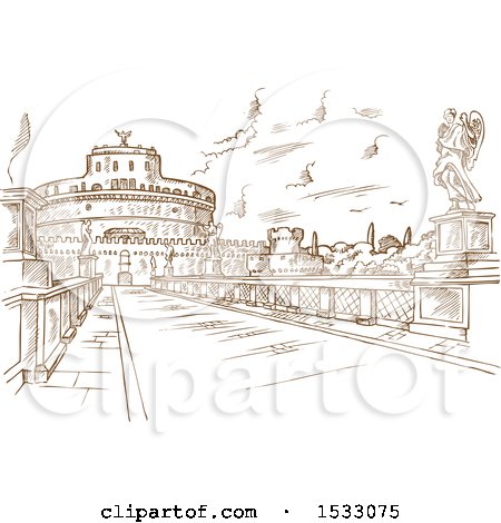 Clipart of a Brown Sketched Scene of Castel Santangelo - Royalty Free Vector Illustration by Domenico Condello