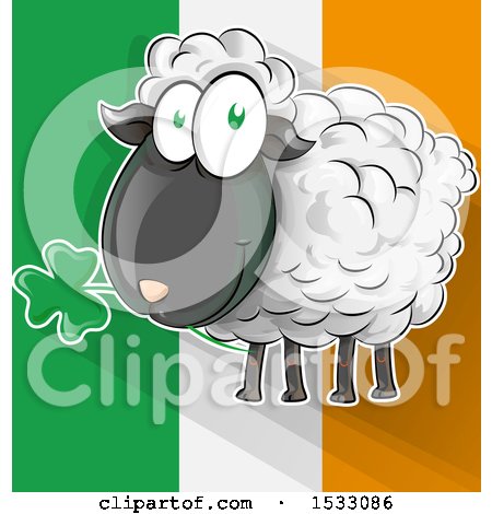 Clipart of a Happy Sheep Eating a Clover Shamrock over an Irish Flag - Royalty Free Vector Illustration by Domenico Condello