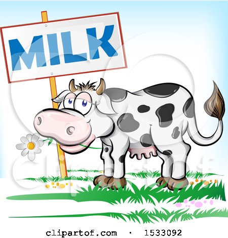 Clipart of a Happy Dairy Cow Eating a Daisy Flower by a Milk Sign - Royalty Free Vector Illustration by Domenico Condello