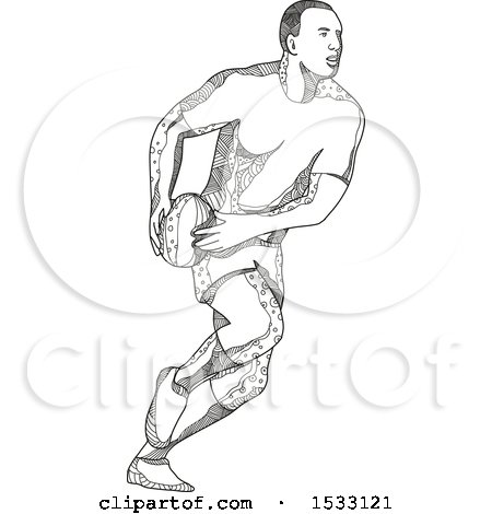 Clipart of a Zentangle Rugby Player Passing, Black and White - Royalty Free Vector Illustration by patrimonio