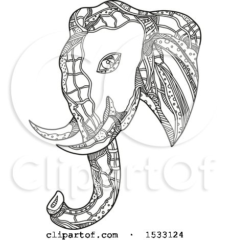 Clipart of a Zentangle Bull African Elephant, Black and White - Royalty Free Vector Illustration by patrimonio