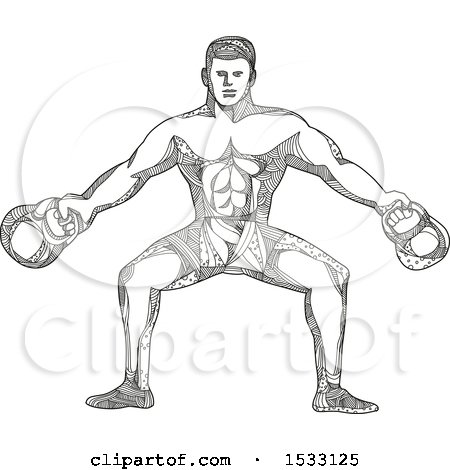 Clipart of a Zentangle Bodybuilder Working out with Kettlebells, Black and White - Royalty Free Vector Illustration by patrimonio