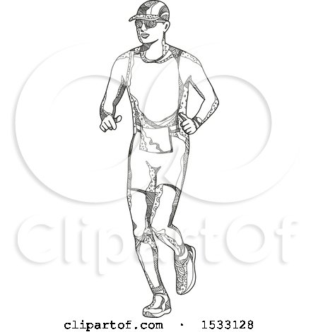Clipart of a Zentangle Triathlete Jogging, Black and White - Royalty Free Vector Illustration by patrimonio