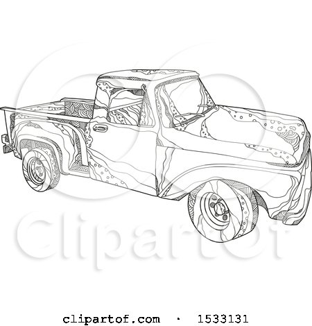 Clipart of a Zentangle Pickup Truck, Black and White - Royalty Free Vector Illustration by patrimonio