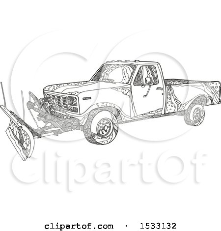 Clipart of a Zentangle Snow Plow Pickup Truck, Black and White - Royalty Free Vector Illustration by patrimonio