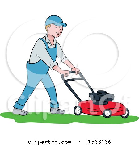 Clipart of a Happy Male Landscaper Mowing a Lawn - Royalty Free Vector Illustration by patrimonio