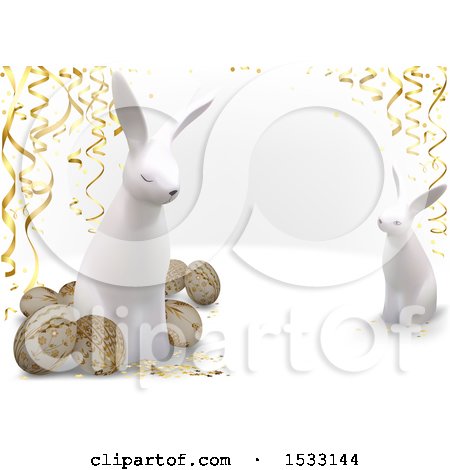 Clipart of 3d Easter Eggs and Rabbits with Streamers on a White Background - Royalty Free Vector Illustration by dero