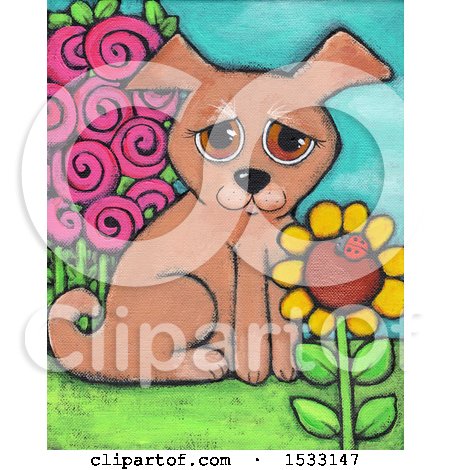 Clipart of a Painting of a Puppy Dog in a Garden - Royalty Free Illustration by Maria Bell
