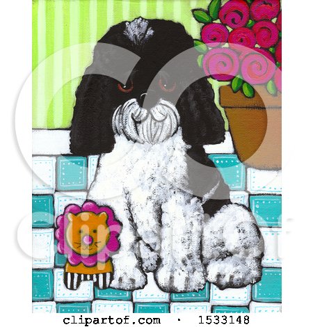 Clipart of a Painting of a Dog Sitting with a Toy Lion - Royalty Free Illustration by Maria Bell