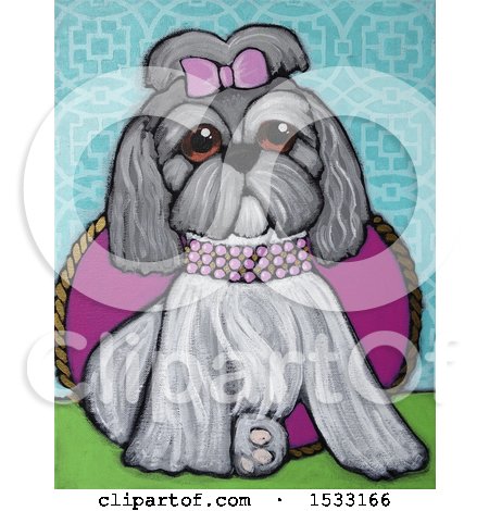 Clipart of a Painting of a Shi Tzu Dog Wearing a Diamond Collar - Royalty Free Illustration by Maria Bell