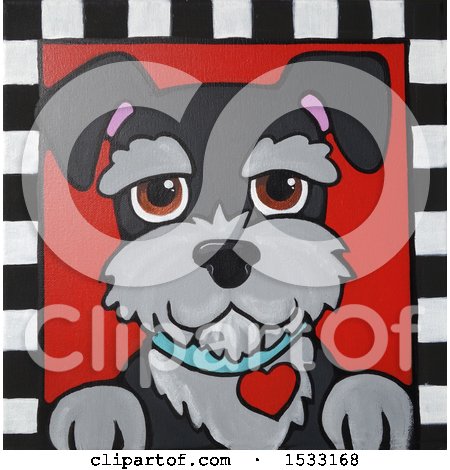 Clipart of a Painting of a Schnauzer Dog with a Heart Collar in a Checkered Frame - Royalty Free Illustration by Maria Bell