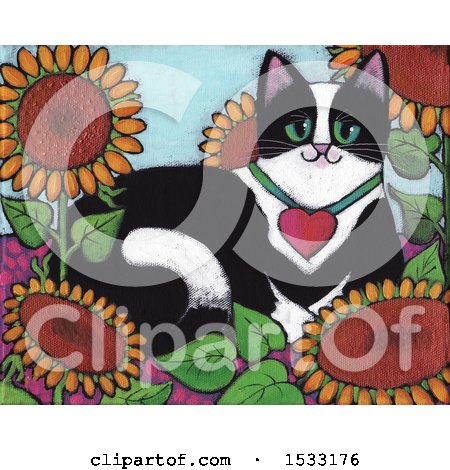 Clipart of a Painting of a Tuxedo Cat in a Bed of Sunflowers - Royalty Free Illustration by Maria Bell