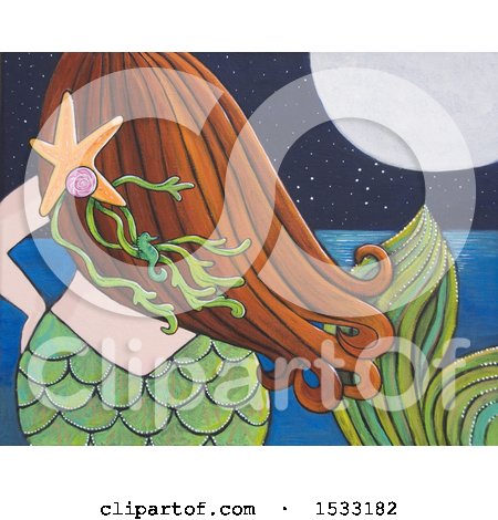 Clipart of a Painting of a Rear View of a Mermaid Viewing the Ocean at Night - Royalty Free Illustration by Maria Bell