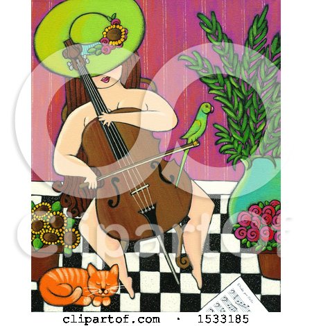 Clipart of a Painting of a Nude Woman Playing a Cello with Her Bird on Her Bow and Cat at Her Feet - Royalty Free Illustration by Maria Bell