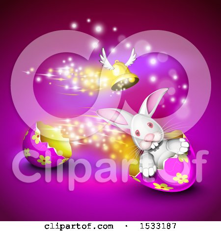 Clipart of a Winged Bell over a Bunny Rabbit Driving an Easter Egg Shell, on Purple - Royalty Free Vector Illustration by Oligo