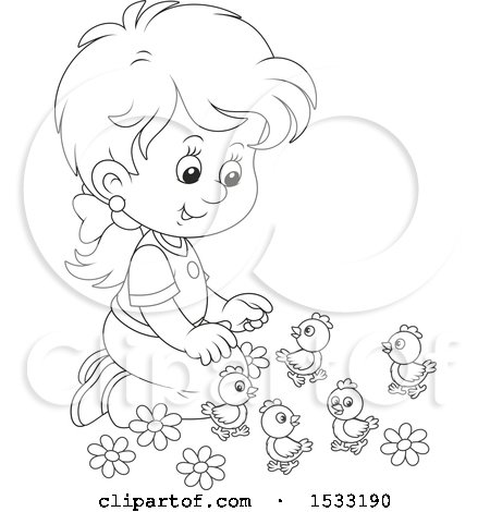 Clipart of a Black and White Little Girl Kneeling and Playing with Spring Chicks - Royalty Free Vector Illustration by Alex Bannykh