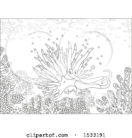 Clipart of a Black and White Nudibranch Sea Slug on a Coral Reef - Royalty Free Vector Illustration by Alex Bannykh