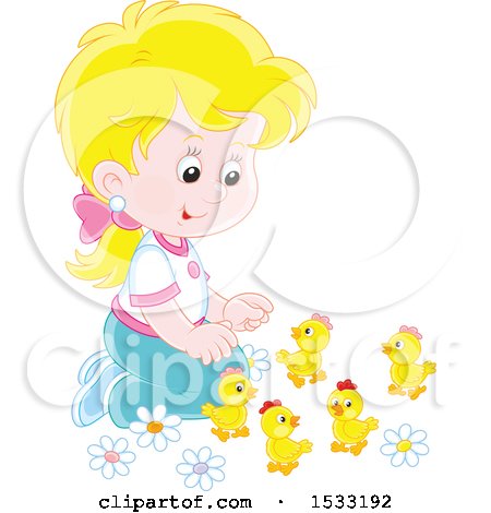 Clipart of a Blond White Girl Kneeling and Playing with Spring Chicks - Royalty Free Vector Illustration by Alex Bannykh