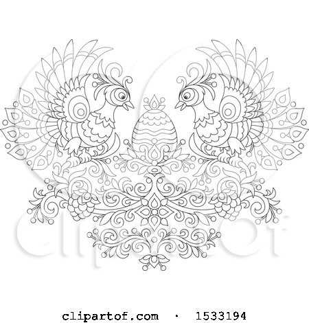 Clipart of a Black and White Floral Heart with Peacocks, Grapes and an Easter Egg - Royalty Free Vector Illustration by Alex Bannykh