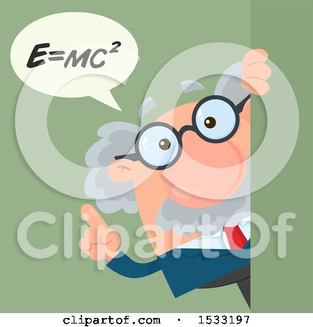 Clipart of a Male Science Professor Discussing Mass Energy Equivalence , Looking Around a Sign or Corner, on Green - Royalty Free Vector Illustration by Hit Toon