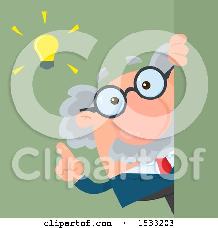 Clipart of a Male Science Professor with an Idea, Looking Around a Sign or Corner, on Green - Royalty Free Vector Illustration by Hit Toon